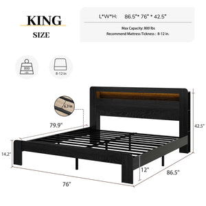 English Elm Bed Frame King Size - Stylish Wood Platform With Led Headboard, Usb Ports & Ample Storage Space! W636P265356