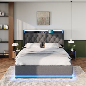 English Elm Queen Upholstered Bed with Surround LED, App/Remote Control, Hydraulic Storage, USB Type-C Charging Gray N736P188807G