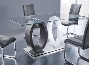 English Elm ROYCE Modern Dining Table with Clear Glass Top, Grey Wash Solid Wood & MDF, Metal Base Plate Finish B201S00023