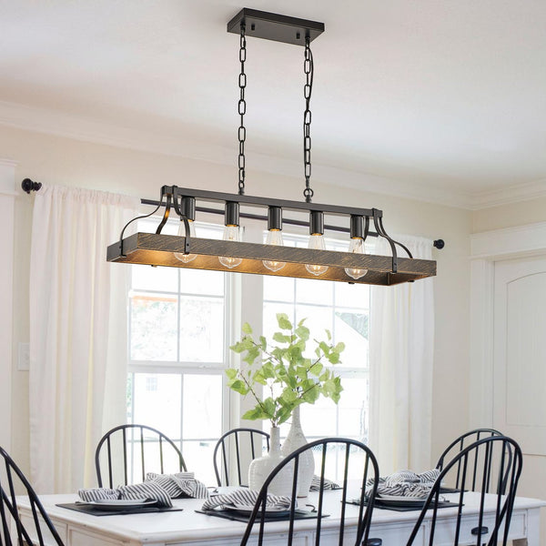 English Elm 34-Inch Industrial Pendant Light with 5 E26 Sockets, Adjustable Chain, Iron Linear Chandelier for Kitchen Black+Gold W2312P374833