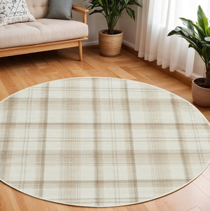 HomeRoots 8' Ivory Plaid Round Rug - Timeless Power-Loomed Design for Classic Elegance in Any Space 8' Round 569860