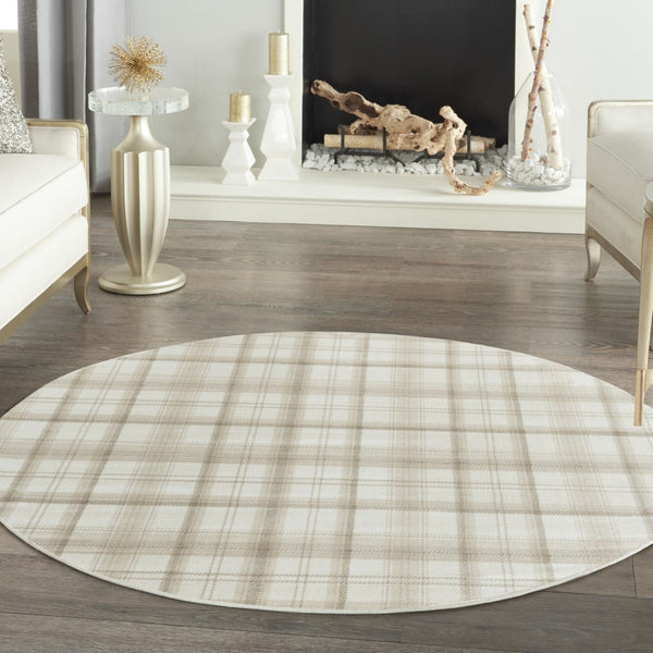 HomeRoots 8' Ivory Plaid Round Rug - Timeless Power-Loomed Design for Classic Elegance in Any Space 8' Round 569860