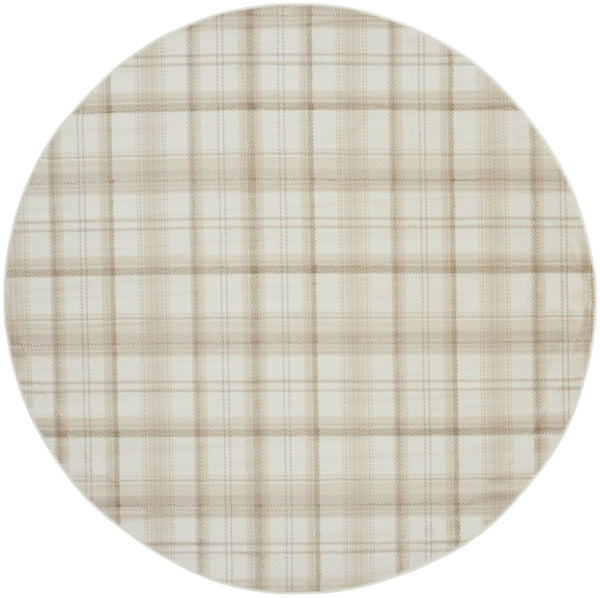 HomeRoots 8' Ivory Plaid Round Rug - Timeless Power-Loomed Design for Classic Elegance in Any Space 8' Round 569860
