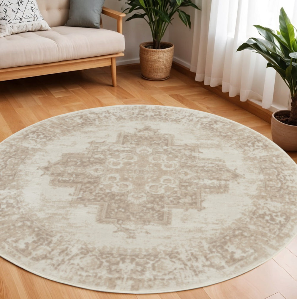 HomeRoots 6' Elegant Ivory Floral Power Loom Area Rug for Timeless Charm in Living Rooms and Bedrooms 8' Round 569861