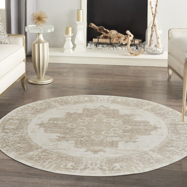 HomeRoots 6' Elegant Ivory Floral Power Loom Area Rug for Timeless Charm in Living Rooms and Bedrooms 8' Round 569861