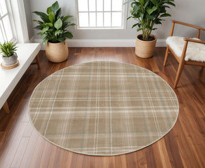 Homeroots 8' Taupe And Ivory Plaid Round Rug  Polypropylene 569864