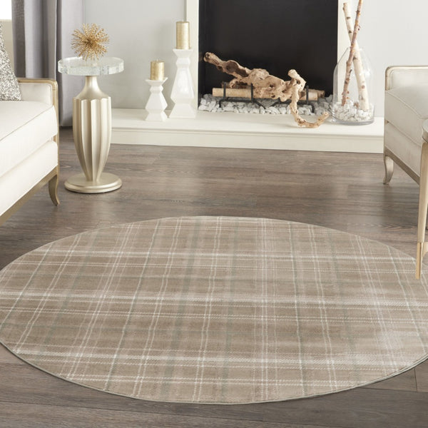 HomeRoots 8' Taupe and Ivory Plaid Rug - Durable, Family-Friendly Floor Covering for Cozy Living Spaces 8' Round 569864
