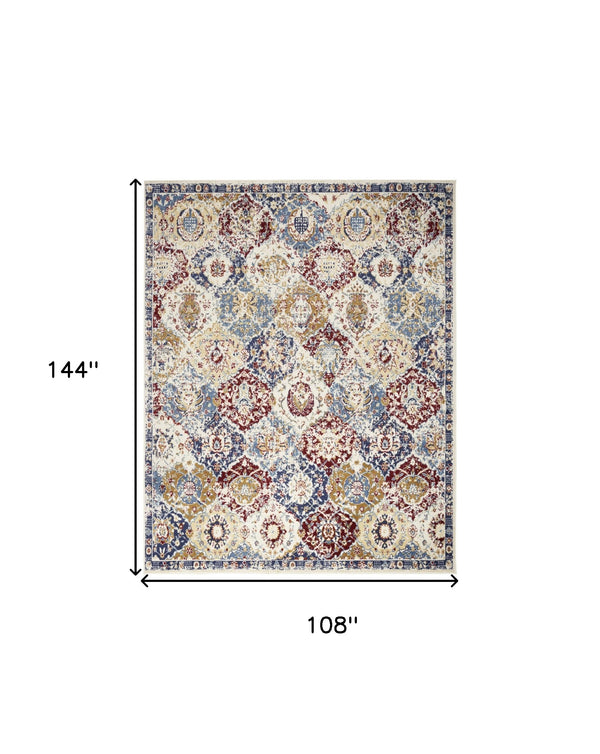 Homeroots 9' X 12' Ivory Red And Blue Geometric Distressed Area Rug  Polypropylene 569866