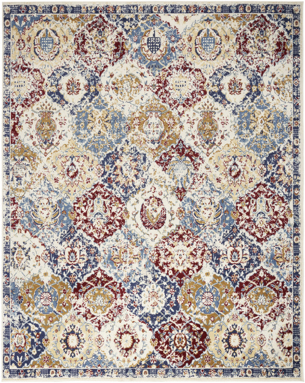 Homeroots 9' X 12' Ivory Red And Blue Geometric Distressed Area Rug  Polypropylene 569866