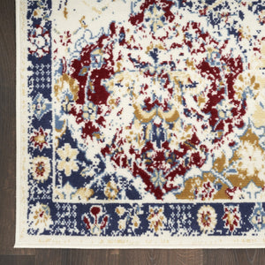 HomeRoots 9' Distressed Geometric Area Rug in Ivory, Red, and Blue - Durable, Stain-Resistant Design for Homes 9' X 12' 569866