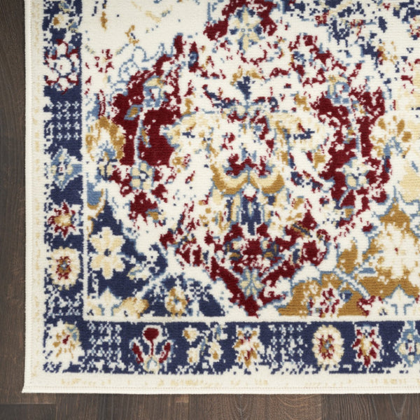 HomeRoots 9' Distressed Geometric Area Rug in Ivory, Red, and Blue - Durable, Stain-Resistant Design for Homes 9' X 12' 569866