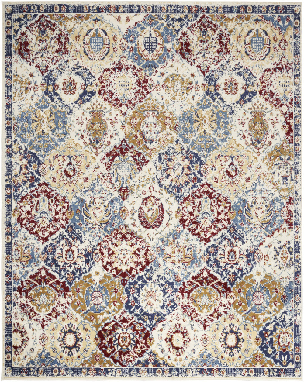 Homeroots 9' X 12' Ivory Red And Blue Geometric Distressed Area Rug  Polypropylene 569866