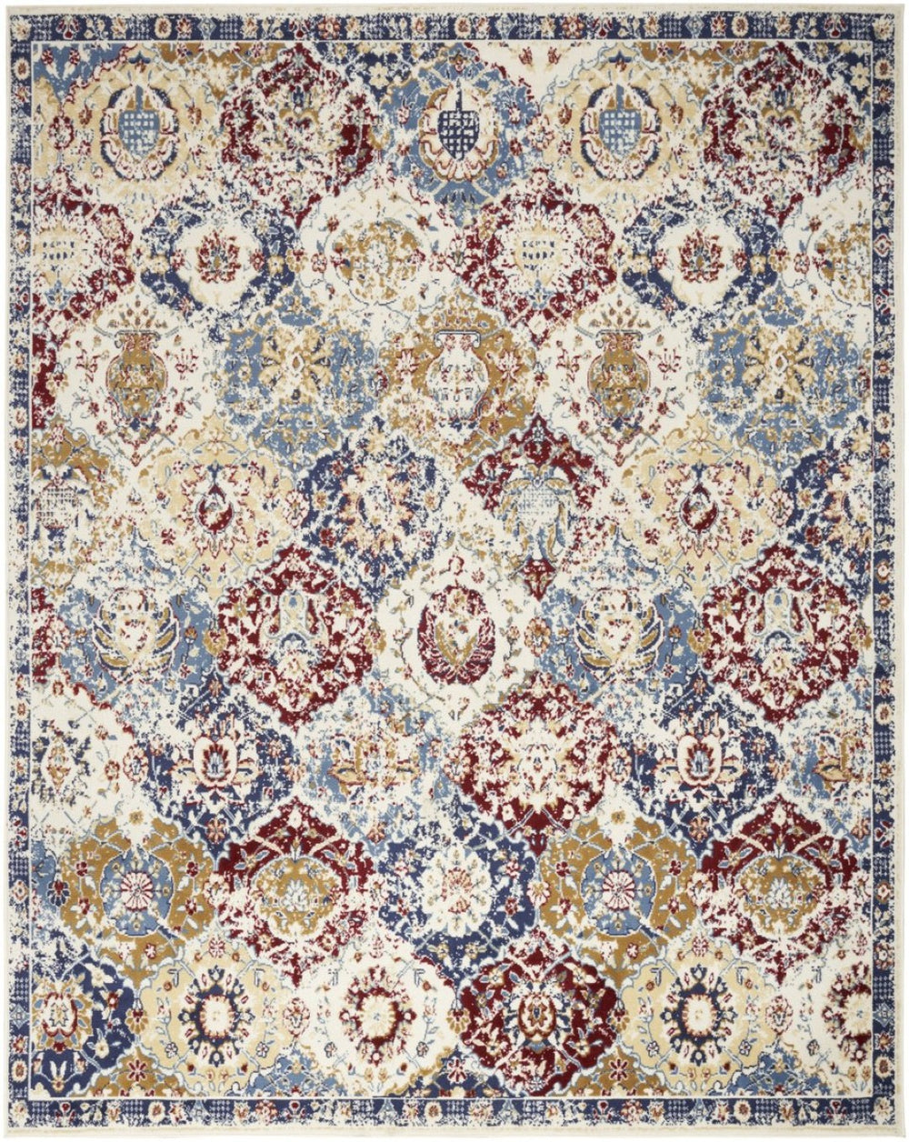 HomeRoots 9' Distressed Geometric Area Rug in Ivory, Red, and Blue - Durable, Stain-Resistant Design for Homes 9' X 12' 569866