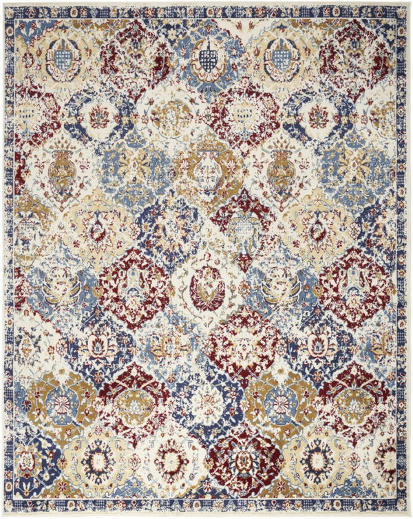 HomeRoots 9' Distressed Geometric Area Rug in Ivory, Red, and Blue - Durable, Stain-Resistant Design for Homes 9' X 12' 569866