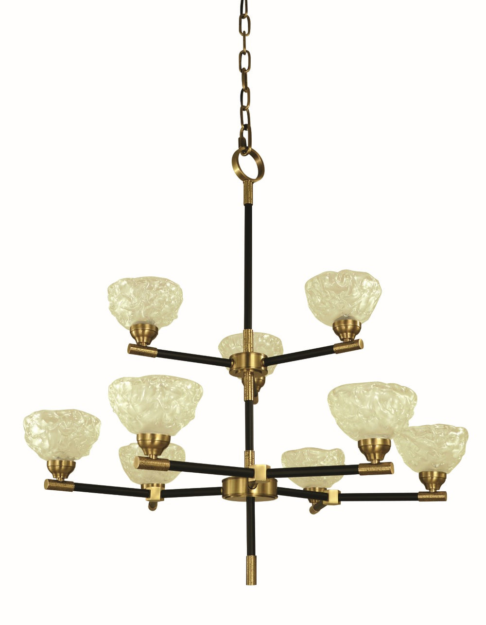 Framburg 9-light Elegant Chandelier With Italian Piastra Glass And Unique Hammered Accents – Made In Usa Antique Brass,Matte Black Metal 5699 Ab/Mblack