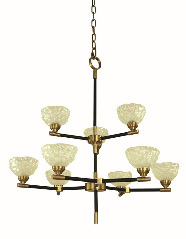 Framburg 9-light Elegant Chandelier With Italian Piastra Glass And Unique Hammered Accents – Made In Usa Antique Brass,Matte Black Metal 5699 Ab/Mblack