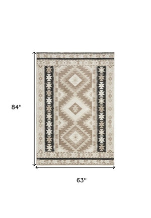 Homeroots 5' Geometric Flatweave Area Rug In Beige, Black & Tan – Durable, Stylish, Stain-resistant Design!  Polyester 569900