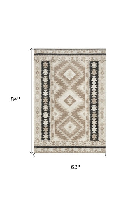 Homeroots 5' Geometric Flatweave Area Rug In Beige, Black & Tan – Durable, Stylish, Stain-resistant Design!  Polyester 569900