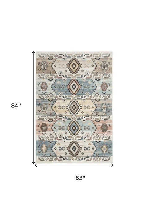 Homeroots 5' Geometric Flatweave Area Rug In Ivory Tan & Blue - Stain Resistant, Durable, Stylish Home Accent  Polyester 569901