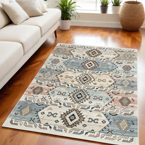 Homeroots 5' Geometric Flatweave Area Rug In Ivory Tan & Blue - Stain Resistant, Durable, Stylish Home Accent  Polyester 569901