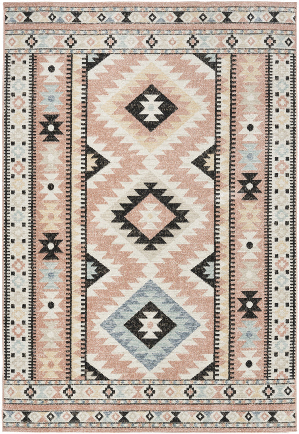 Homeroots 5' X 7' Ivory Pink & Black Geometric Flatweave Area Rug - Durable, Stain Resistant, Bohemian Style  Polyester 569902