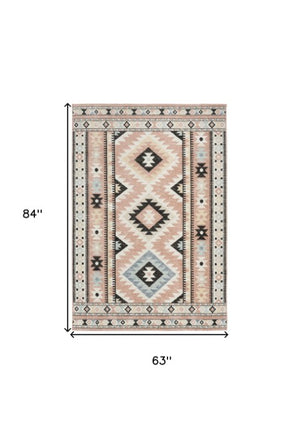 Homeroots 5' X 7' Ivory Pink & Black Geometric Flatweave Area Rug - Durable, Stain Resistant, Bohemian Style  Polyester 569902