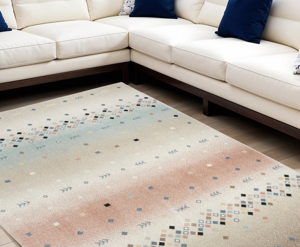 Homeroots 5' Tan Orange And Ivory Geometric Flatweave Area Rug - Durable, Stain Resistant, Perfect For Kids & Pets 5' X 7' Polyester 569905