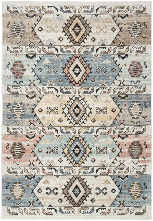 Homeroots 7' X 9' Ivory Tan & Blue Geometric Flatweave Area Rug - Durable, Stain-resistant, Boho Style Decor  Polyester 569907