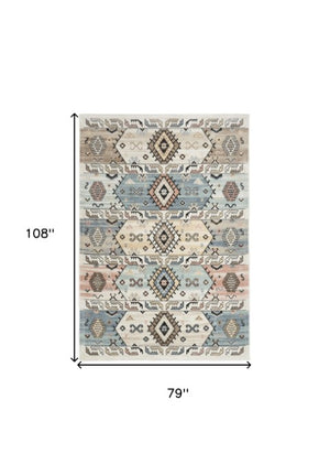 Homeroots 7' X 9' Ivory Tan & Blue Geometric Flatweave Area Rug - Durable, Stain-resistant, Boho Style Decor  Polyester 569907