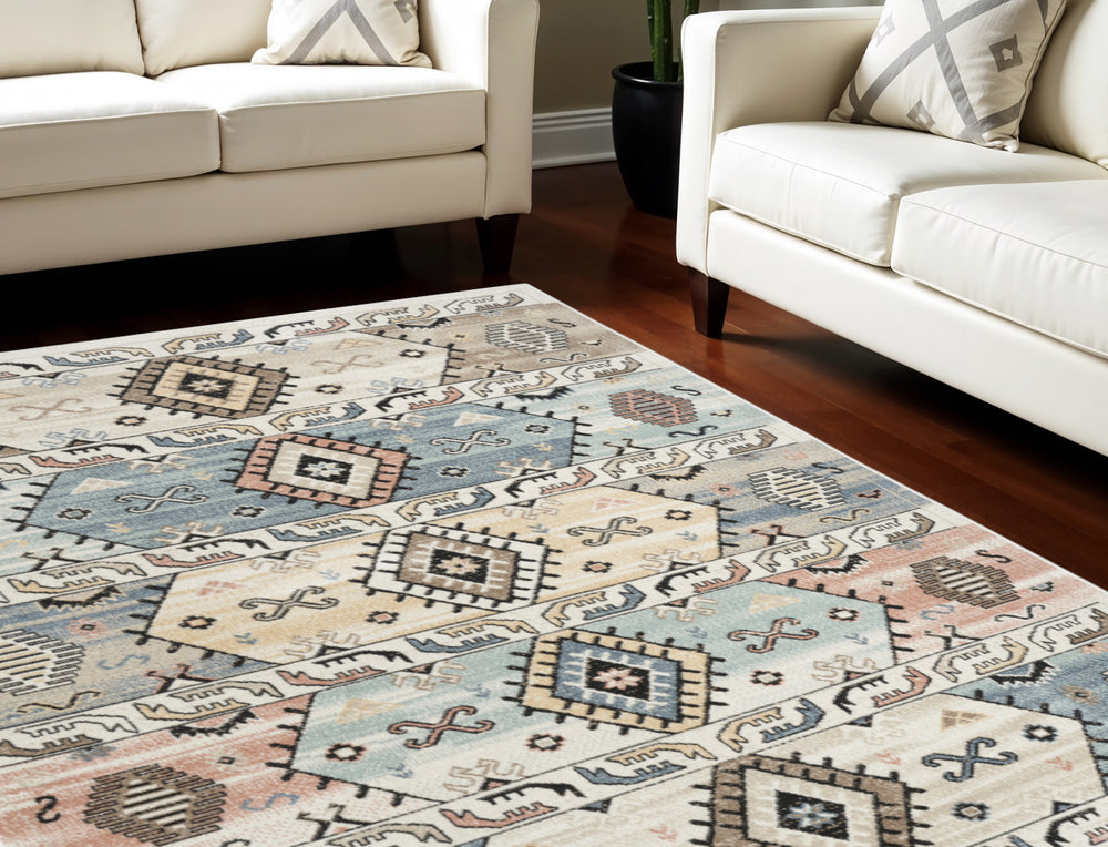 Homeroots 7' X 9' Ivory Tan & Blue Geometric Flatweave Area Rug - Durable, Stain-resistant, Boho Style Decor  Polyester 569907
