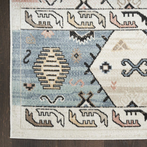 Homeroots 7' X 9' Ivory Tan & Blue Geometric Flatweave Area Rug - Durable, Stain-resistant, Boho Style Decor  Polyester 569907