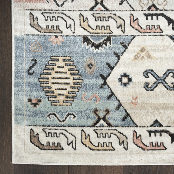 Homeroots 7' X 9' Ivory Tan & Blue Geometric Flatweave Area Rug - Durable, Stain-resistant, Boho Style Decor  Polyester 569907