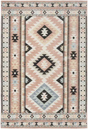 Homeroots 7' X 9' Stylish Ivory Pink And Black Geometric Flatweave Rug - Durable, Stain Resistant, Bohemian Charm  Polyester 569908