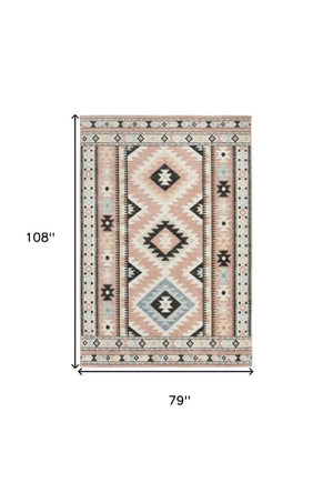 Homeroots 7' X 9' Stylish Ivory Pink And Black Geometric Flatweave Rug - Durable, Stain Resistant, Bohemian Charm  Polyester 569908