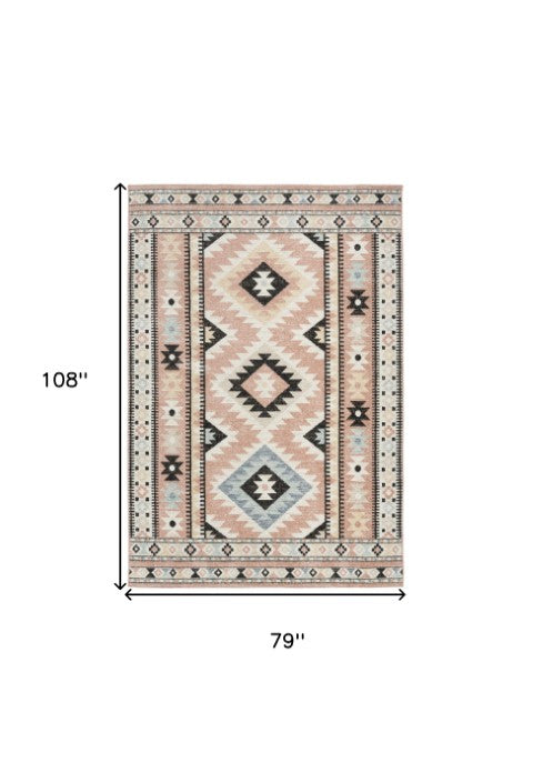 Homeroots 7' X 9' Stylish Ivory Pink And Black Geometric Flatweave Rug - Durable, Stain Resistant, Bohemian Charm  Polyester 569908