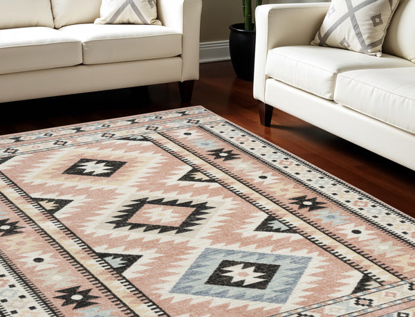 Homeroots 7' X 9' Stylish Ivory Pink And Black Geometric Flatweave Rug - Durable, Stain Resistant, Bohemian Charm  Polyester 569908