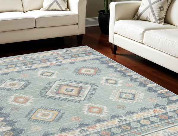 Homeroots 5' Geometric Flatweave Area Rug In Blue & Orange – Stylish, Durable & Stain Resistant For Any Room 7' X 9' Polyester 569910