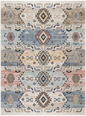 Homeroots 8' Geometric Flatweave Area Rug In Ivory Tan & Blue - Durable, Stain Resistant, Perfect For Kids & Pets!  Polyester 569913