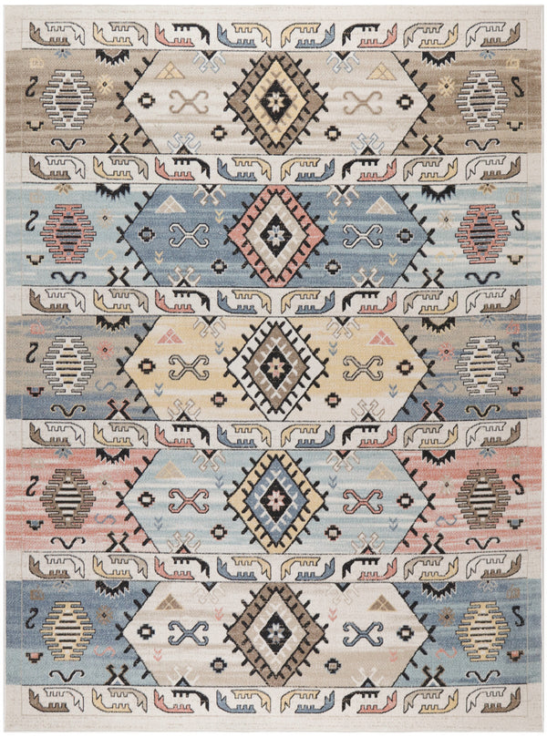 Homeroots 8' Geometric Flatweave Area Rug In Ivory Tan & Blue - Durable, Stain Resistant, Perfect For Kids & Pets!  Polyester 569913