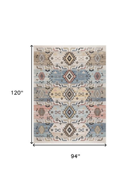 Homeroots 8' Geometric Flatweave Area Rug In Ivory Tan & Blue - Durable, Stain Resistant, Perfect For Kids & Pets!  Polyester 569913