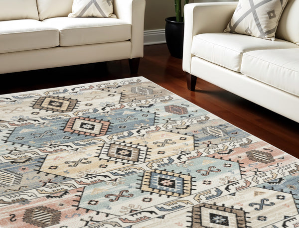 Homeroots 8' Geometric Flatweave Area Rug In Ivory Tan & Blue - Durable, Stain Resistant, Perfect For Kids & Pets!  Polyester 569913