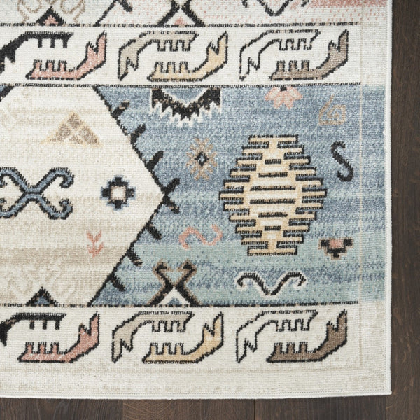 Homeroots 8' Geometric Flatweave Area Rug In Ivory Tan & Blue - Durable, Stain Resistant, Perfect For Kids & Pets!  Polyester 569913