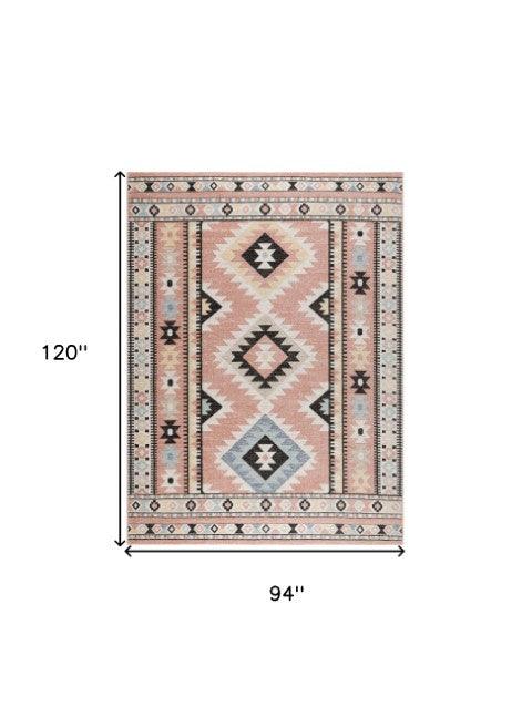Homeroots 8' X 10' Bohemian Ivory Pink & Black Geometric Flatweave Area Rug - Durable, Stain-resistant Design  Polyester 569914