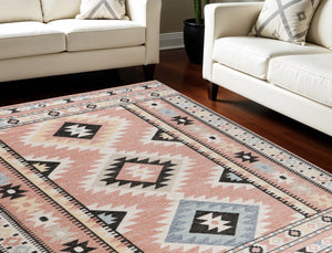 Homeroots 8' X 10' Bohemian Ivory Pink & Black Geometric Flatweave Area Rug - Durable, Stain-resistant Design  Polyester 569914