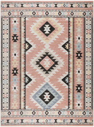 Homeroots 8' X 10' Bohemian Ivory Pink & Black Geometric Flatweave Area Rug - Durable, Stain-resistant Design  Polyester 569914