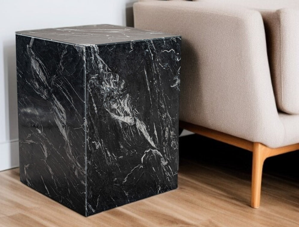 Homeroots 20" Black Marble Square Block End Table - Stylish Modern Accent For Living Room & Entryway Decor   569937