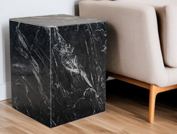 Homeroots 20" Black Marble Square Block End Table - Stylish Modern Accent For Living Room & Entryway Decor   569937