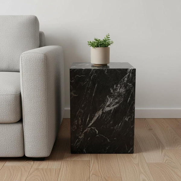 HomeRoots 20" Black Marble Square Block End Table - Elegant Accent for Living Spaces, Modern Design & Unique Veining 569937