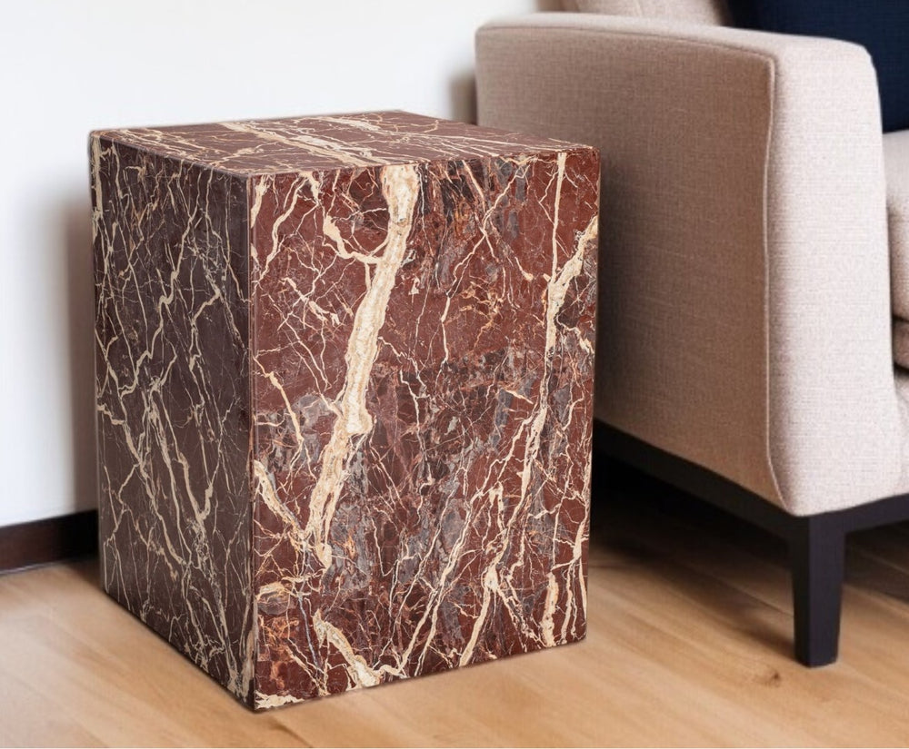 HomeRoots 20" Red Marble Square Block End Table - Modern Accent for Living Room, Bedside, or Entryway Decor 569938