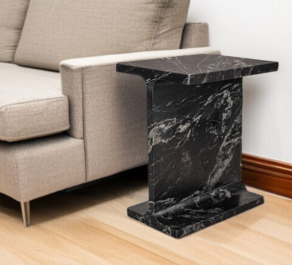 HomeRoots 20" Black Marble Pedestal End Table - Handcrafted Modern Design, Unique Veining & Fully Assembled! 569942